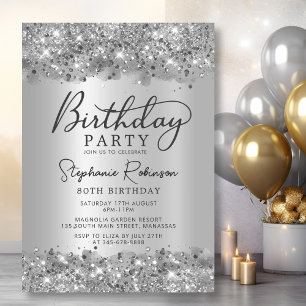 Modern Silver Glitter Metal Foil 80th Birthday Invitation