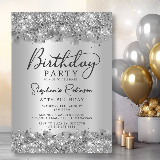 Modern Silver Glitter Metal Foil 80th Birthday Invitation (Creator Uploaded)