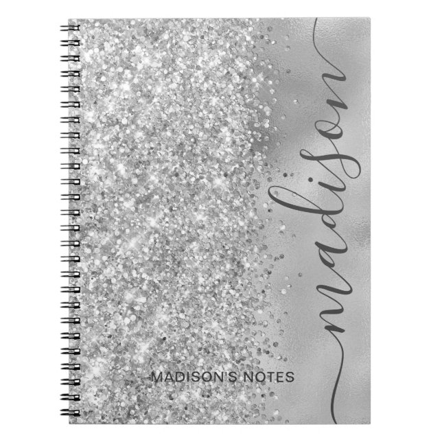 Modern Silver Glitter Metallic Monogram Script Notebook (Front)