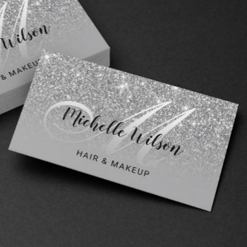 Modern Silver Glitter Monogram Beauty Salon Business Card by BlackEyesDrawing at Zazzle