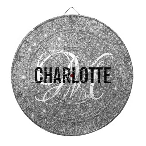 Modern silver glitter monogram name dart board