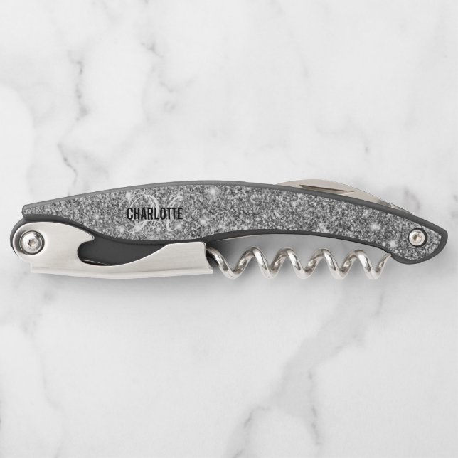 Modern silver glitter monogram name waiter's corks waiter's corkscrew (Front)