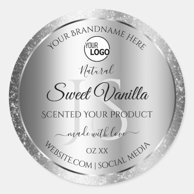 Modern Silver Glitter Monogram Product Labels Logo (Front)
