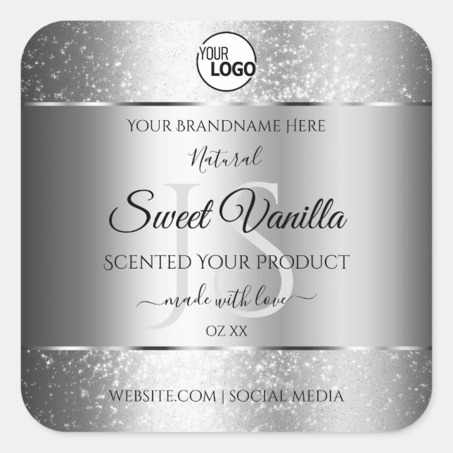 Modern Silver Glitter Monogram Product Labels Logo (Front)