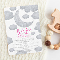 Modern Silver glitter Moon Baby girl Shower  Invitation