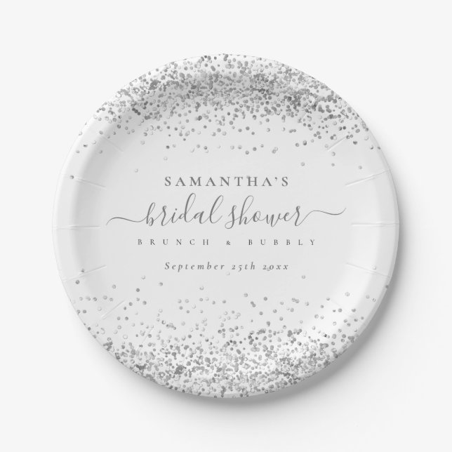 Modern Silver Glitter Name Date Bridal Shower Paper Plates (Front)