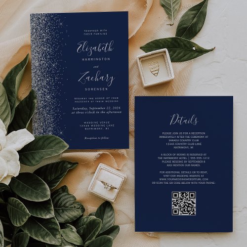 Modern Silver Glitter Navy Blue QR Code Wedding Invitation