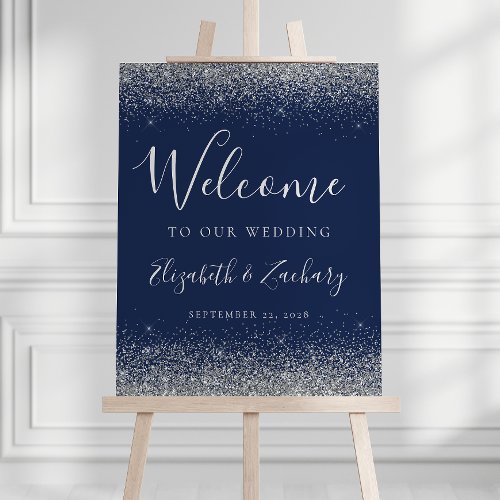 Modern Silver Glitter Navy Blue Wedding Welcome Foam Board