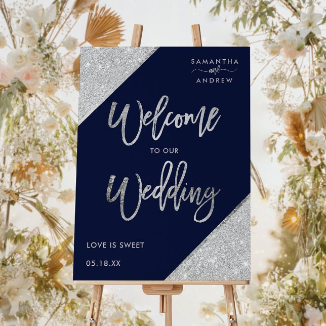 Modern silver glitter navy blue welcome wedding foam board (Creator Uploaded)
