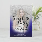 Modern silver glitter ombre blue photo Sweet 16 Invitation (Standing Front)