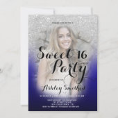 Modern silver glitter ombre blue photo Sweet 16 Invitation (Front)