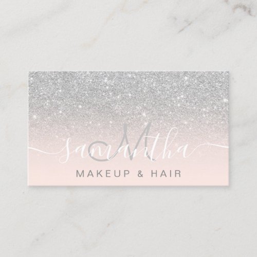Modern silver glitter ombre blush makeup hair business card