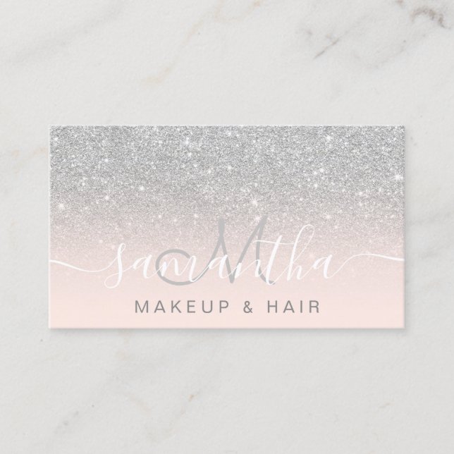 Modern silver glitter ombre blush makeup hair business card (Front)