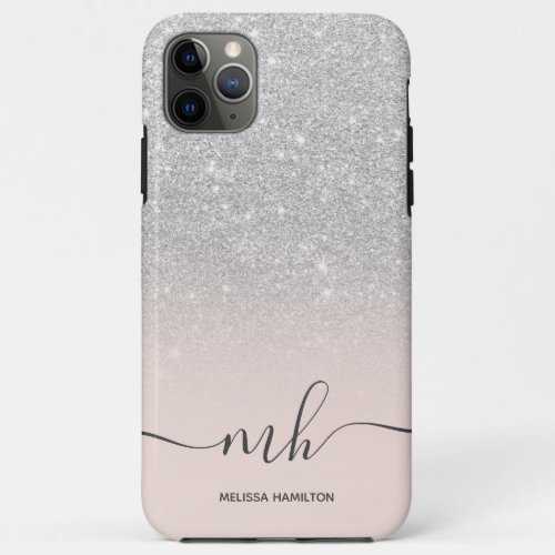 Modern silver glitter ombre blush monogrammed iPhone 11 pro max case