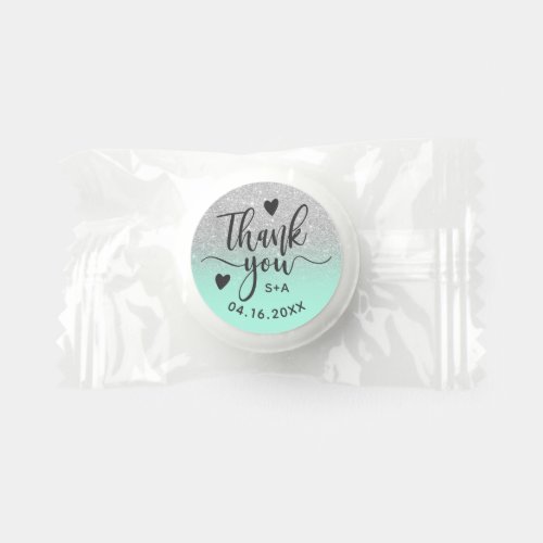 Modern silver glitter ombre heart thank you teal life saver mints