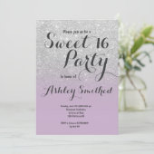 Modern silver glitter ombre lavender Sweet 16 Invitation (Standing Front)