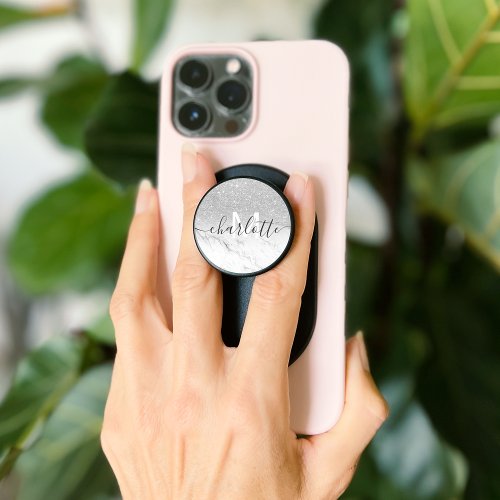 Modern silver glitter ombre marble monogram PopSocket