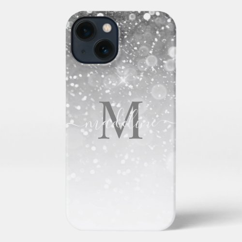Modern Silver Glitter Ombre Monogrammed Name  iPhone 13 Case