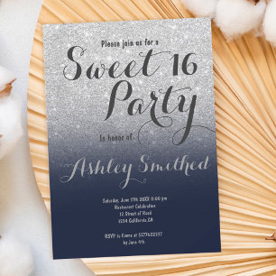 Modern silver glitter ombre navy blue Sweet 16 Invitation