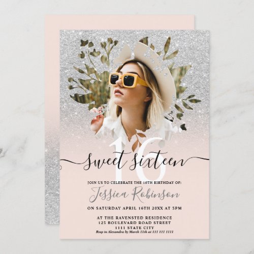 Modern silver glitter ombre photo floral Sweet 16 Invitation