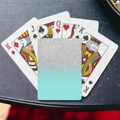 Modern silver glitter ombre teal ocean poker cards