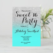 Modern silver glitter ombre turquoise Sweet 16 Invitation (Standing Front)