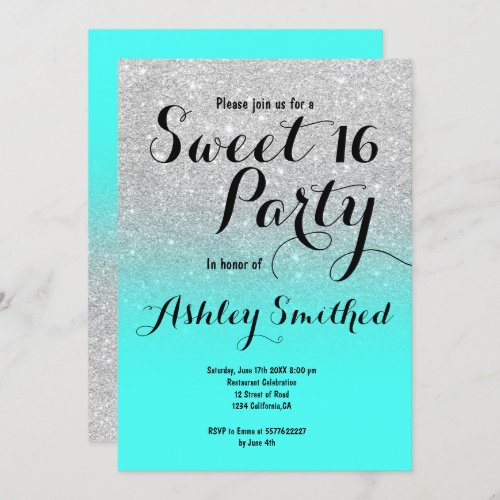 Modern silver glitter ombre turquoise Sweet 16 Invitation