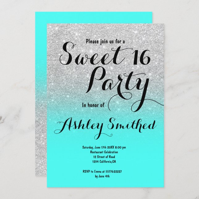 Modern silver glitter ombre turquoise Sweet 16 Invitation (Front/Back)