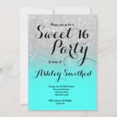 Modern silver glitter ombre turquoise Sweet 16 Invitation (Front)