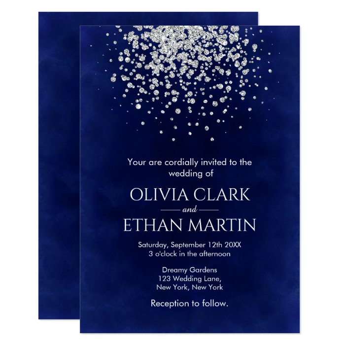 Modern Silver Glitter On Royal Blue Invitation 