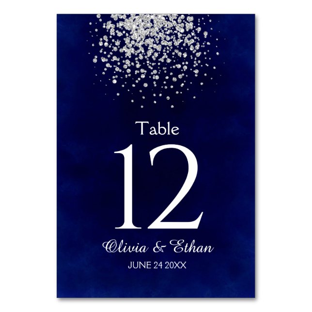 Modern Silver Glitter on Royal Blue Table Number (Front)