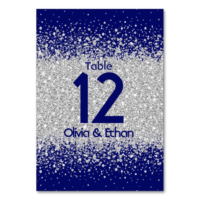 Modern Silver Glitter on Royal Blue Table Number (Front)