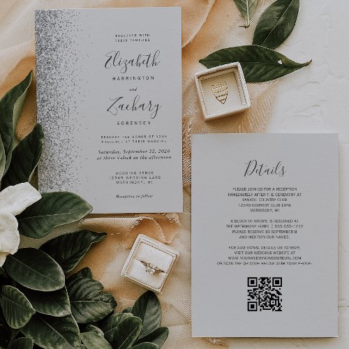 Modern Silver Glitter Pale Gray QR Code Wedding Invitation