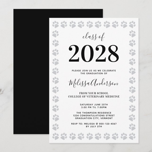 Modern Silver Glitter Paw Prints Graduation Invitation (Front/Back)