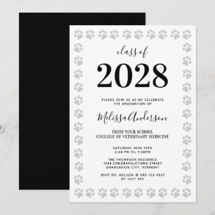 Modern Silver Glitter Paw Prints Graduation Invitation