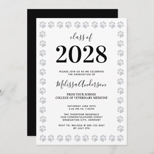 Modern Silver Glitter Paw Prints Graduation Invitation