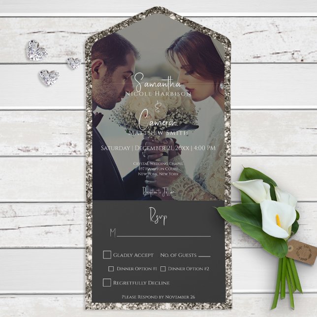 Modern Silver Glitter Photo Dinner All In One Invitation (Creator Uploaded)