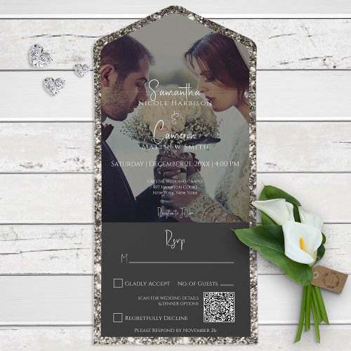 Modern Silver Glitter Photo QR Code All In One Invitation