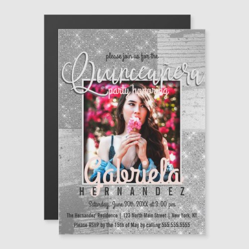 Modern Silver Glitter Photo Quinceaera Magnetic Invitation