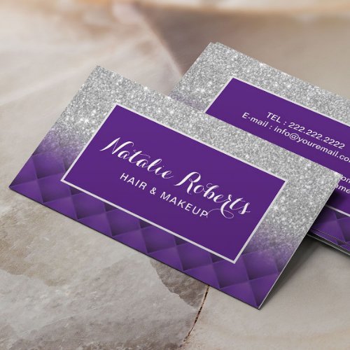Modern Silver Glitter Purple Diamond Pattern Salon Business Card