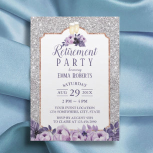 Modern Silver Glitter Purple Floral Retirement Invitation