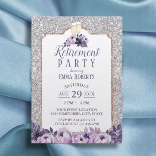 Modern Silver Glitter Purple Floral Retirement Invitation