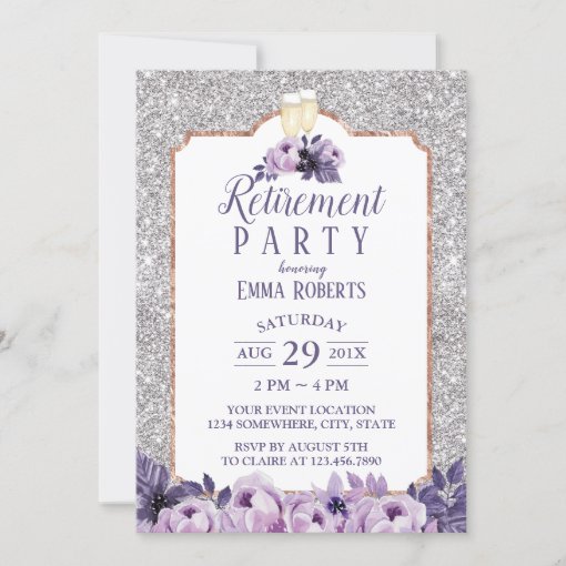 Modern Silver Glitter Purple Floral Retirement Invitation | Zazzle