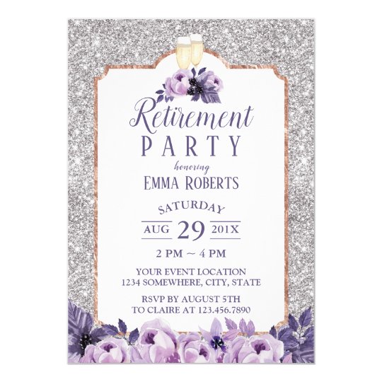 Modern Silver Glitter Purple Floral Retirement Invitation | Zazzle.com