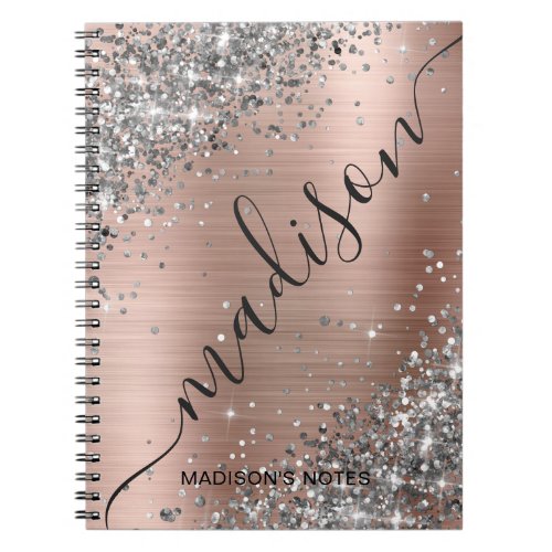Modern Silver Glitter Rose Gold Metallic Monogram Notebook