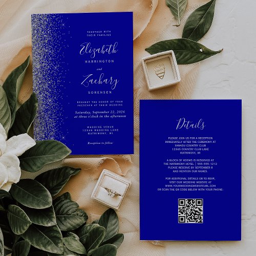 Modern Silver Glitter Royal Blue QR Code Wedding Invitation