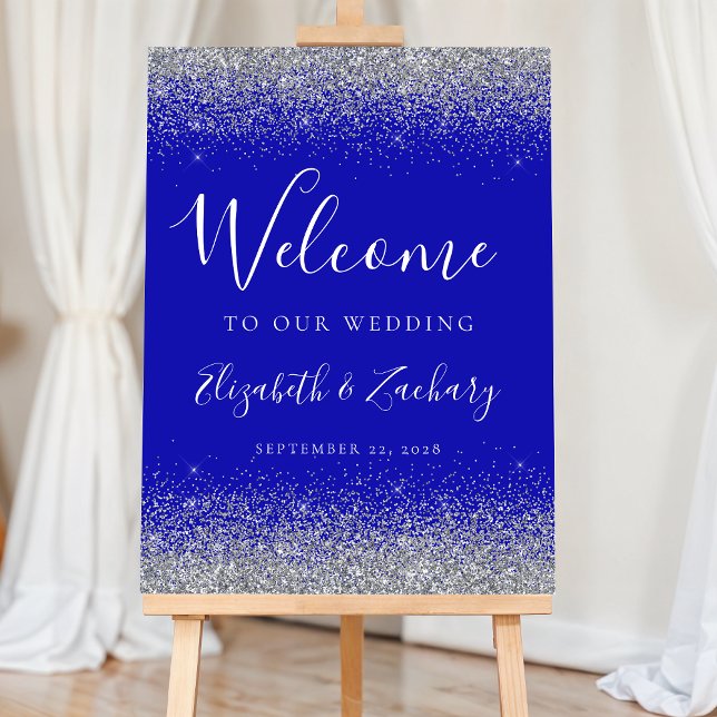 Modern Silver Glitter Royal Blue Wedding Welcome Foam Board (Creator Uploaded)