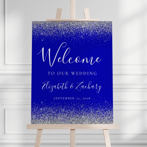 Modern Silver Glitter Royal Blue Wedding Welcome Foam Board