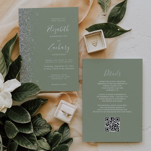 Modern Silver Glitter Sage Green QR Code Wedding Invitation