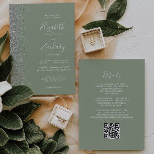 Modern Silver Glitter Sage Green QR Code Wedding Invitation